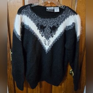 Vintage 80's Black and White Women's Angora And Wool Sweater